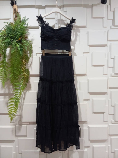 Summer Padded Crop Blouse with Tiered Long Skirts Sets